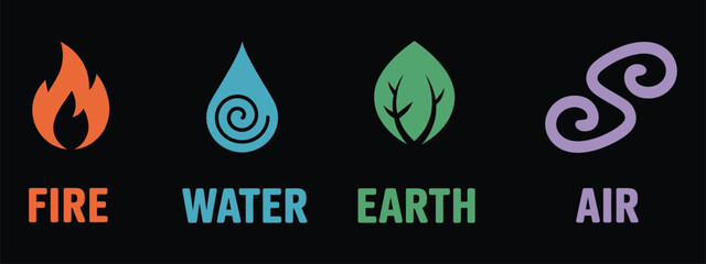 Abstract Symbols Representing the Four Elements – Fire, Air, Water, and Earth in Artistic Design for Spiritual, Nature, and Energy Concept Backgrounds and Visual Projects