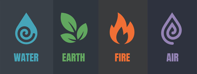 Abstract Symbols Representing the Four Elements – Fire, Air, Water, and Earth in Artistic Design for Spiritual, Nature, and Energy Concept Backgrounds and Visual Projects