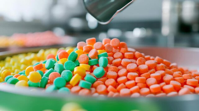 Colorful candy sugar confection gummy factory production scoop batch sweet assorted orange yellow green scoop playful mood colorful closeup