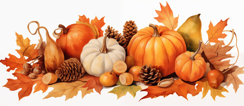 Fall theme design painted illustration of leaves, acorns, pumpkins, foliage on a white background