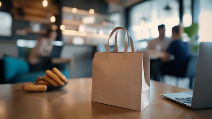 Obraz premium Paper bag on a wooden table in a cafe, with laptop, pastries and blurred people in the background. Calm and relaxed atmosphere for studying or meeting.