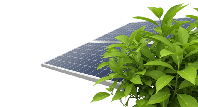 Solar panel, with lush green plant foliage, isolated on white or transparent background, AI - Powered by Adobe