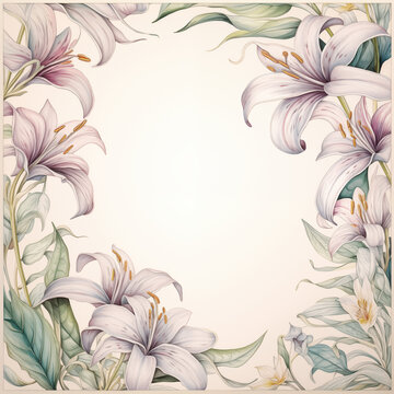 Lilies, pencil sketch, texture, pastel color, floral border