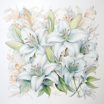 Lilies, pencil sketch, texture, pastel color, floral bunch