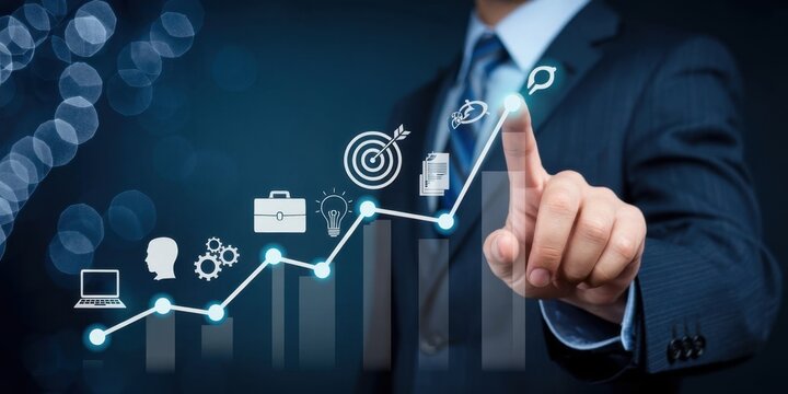 Ascending Ambitions: A business professional charts a course for success, visualizing strategic growth with a digital touch.