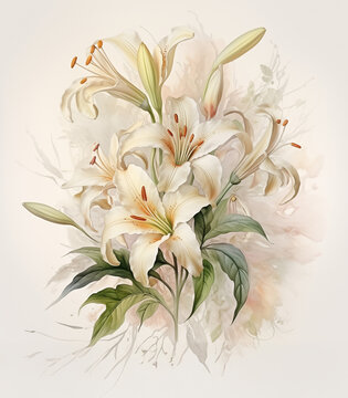 Lilies, pencil sketch, texture, pastel color, floral and leaves 