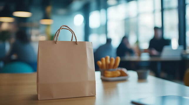 Takeout on table: A brown paper bag filled with food awaits in a modern office space, hinting at a quick lunch or a shared meal break during work.