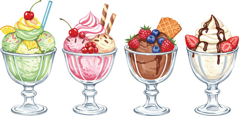 Colorful ice cream sundaes in glass cups with toppings, whipped cream, fruits, and wafers, sweet dessert concept, white background