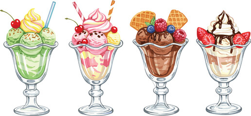 Decorated ice cream sundaes in tall glass cups with whipped cream, fruits, sprinkles, and syrup, sweet dessert concept, isolated