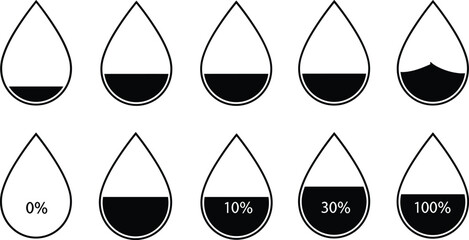 Droplet icons showing liquid levels, hydration indicators, percentage fill symbols, fluid measurement graphics, battery status, infographic design elements