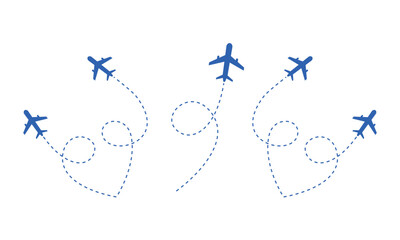 Abstract glowing blue airplanes flying in formation with dotted flight paths on a dark background isolated on transparent background