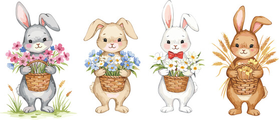 Easter rabbits with baskets, spring flowers, wheat harvest, festive animals, cute bunny illustration, seasonal celebration, cartoon characters, holiday theme