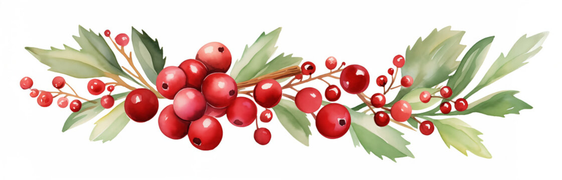 Cranberries and Holly, closeup holiday theme design watercolor illustration
