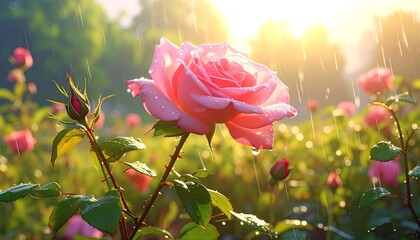 A close-up of a beautiful pink rose in the rain with sunlight in the background