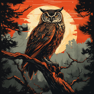 Woodcut Owl Illustration, Night Moon Scene