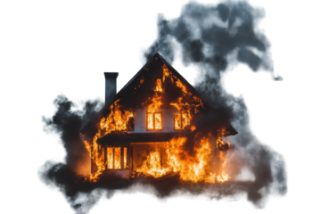 House completely engulfed in flames with thick smoke billowing in the air during a fire incident at night in a residential neighborhood