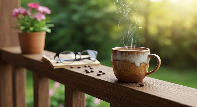 A steaming mug of coffee rests on a wooden railing beside a potted plant, glasses, and coffee beans. The background is a blurred green outdoor scene.