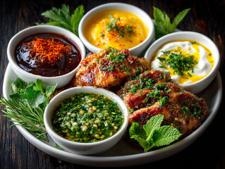 a wooden tray holding five small white bowls filled with different types of sauces. The sauces vary in color, including orange, yellow, green, and red, and are garnished with fresh herbs like parsley.