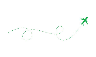 Bright green airplane leaving a dotted trail as it flies isolated on transparent background