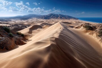Vast desert landscape with towering sand dunes and ocean view under a clear blue sky