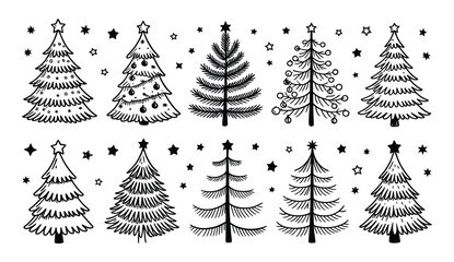 Black Christmas Tree Sketch Illustration – Hand Drawn Style on White Background for Holiday Decoration, Minimal Design Elements, or Seasonal Art Projects and Cards