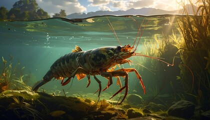 A Close-up of a Crayfish Swimming in a Clear, Sunlit Underwater Environment