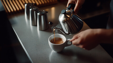 Pouring a steaming cup of coffee into a white mug, with kettles and other metal containers lined up in the background.