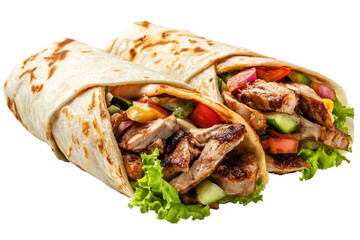 Delicious double shawarma wrapped in fresh flatbread, served with crisp vegetables and tangy sauce on a clean white background