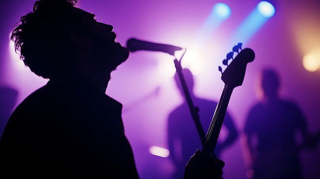 Band performing live in concert on stage. The lead singer is playing a guitar. The lights give the performance a dramatic vibe.