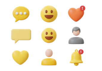 Social media icons with notification badges and chat bubbles isolated on a transparent background 1