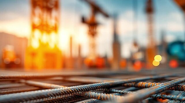 Steel Construction Site: An urban construction site, where robust steel rebar forms the building's core structure, under the warm glow of an overcast setting sun.