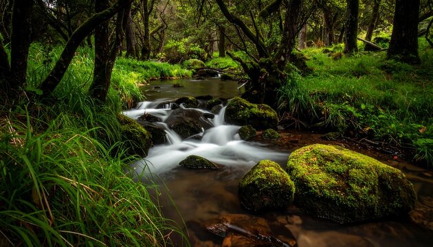 Tranquil stream flowing through a lush forest