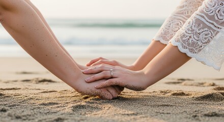 Close-up of couple holding hands on sandy beach at sunset