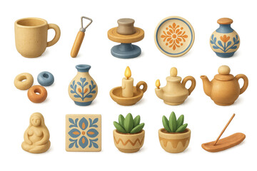 3D Ceramic Icons Display. Artisan Ceramics set of icons in 3D color style: handmade mug, sculpting tool, spinning wheel, decorative plate, ceramic