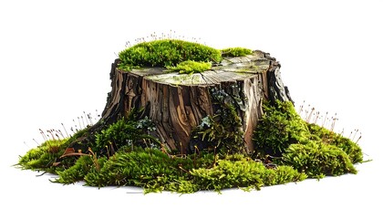 A close-up photograph of a tree stump overgrown with moss and greenery