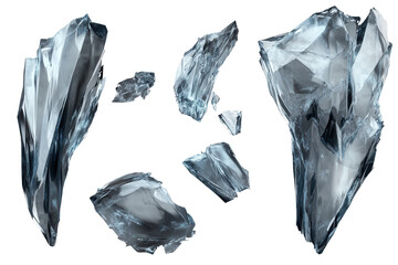 Levitating crystalline shards showcasing detailed reflections and sharp edges against a transparent background