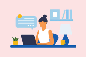 Woman Working on Laptop at Home Office Illustration