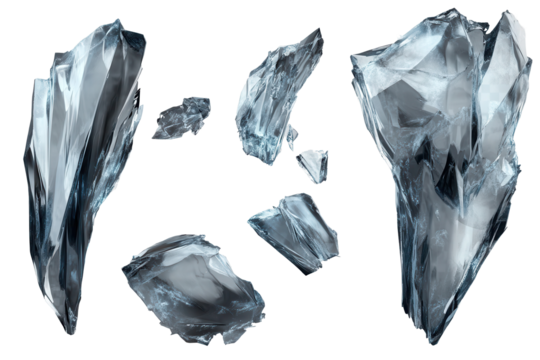 Levitating crystalline shards showcasing detailed reflections and sharp edges against a transparent background