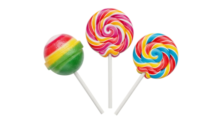 Three colorful swirl lollipops and one striped lollipop, on white sticks, isolated on white or transparent background, AI
