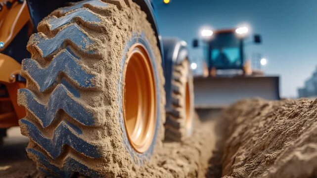 Heavy Machinery in Action: The robust tires of a bulldozer churn through earth on a construction site, the powerful machine carving its way forward.
