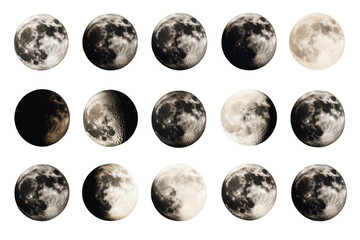 Collection of lunar phases displayed in a grid format showcasing the moon's changing appearance throughout the month