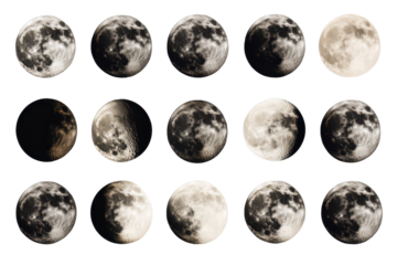 Collection of lunar phases displayed in a grid format showcasing the moon's changing appearance throughout the month