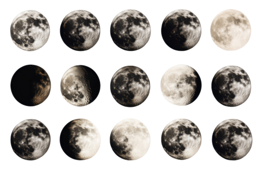 Collection of lunar phases displayed in a grid format showcasing the moon's changing appearance throughout the month