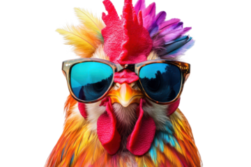 Colorful stylish chicken wears sunglasses and showcases vibrant feathers while standing in a sunny outdoor setting during the daytime
