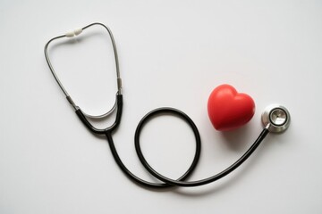 Healthcare Heartbeat: A stethoscope delicately rests beside a vibrant red heart, symbolizing the care, compassion, and vital importance of health. 