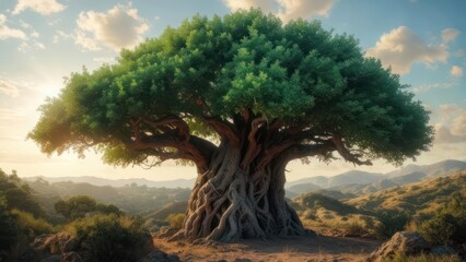Ancient tree in sunlit landscape