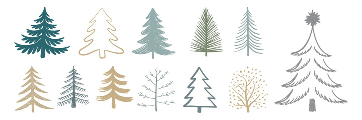 Christmas Tree Vector Set with Hand Drawn Style – Artistic Holiday Illustrations for Winter Greeting Cards, Seasonal Decor, Invitations, and Festive Design Concepts