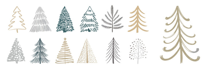Christmas Tree Vector Set with Hand Drawn Style – Artistic Holiday Illustrations for Winter Greeting Cards, Seasonal Decor, Invitations, and Festive Design Concepts