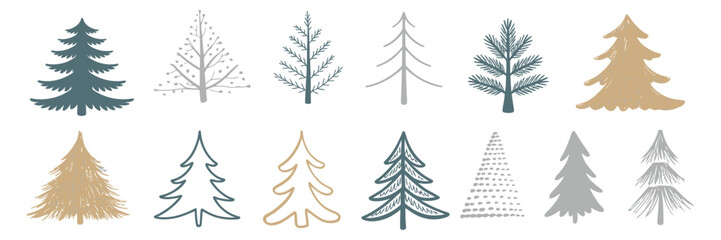 Christmas Tree Vector Set with Hand Drawn Style – Artistic Holiday Illustrations for Winter Greeting Cards, Seasonal Decor, Invitations, and Festive Design Concepts