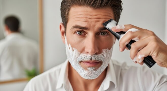 Caucasian adult male shaving with electric razor and foam in bathroom - Powered by Adobe